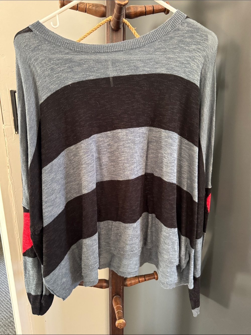 Lightweight Striped Knit Pullover in Gray, Black & Red Accents StitchDrop brand